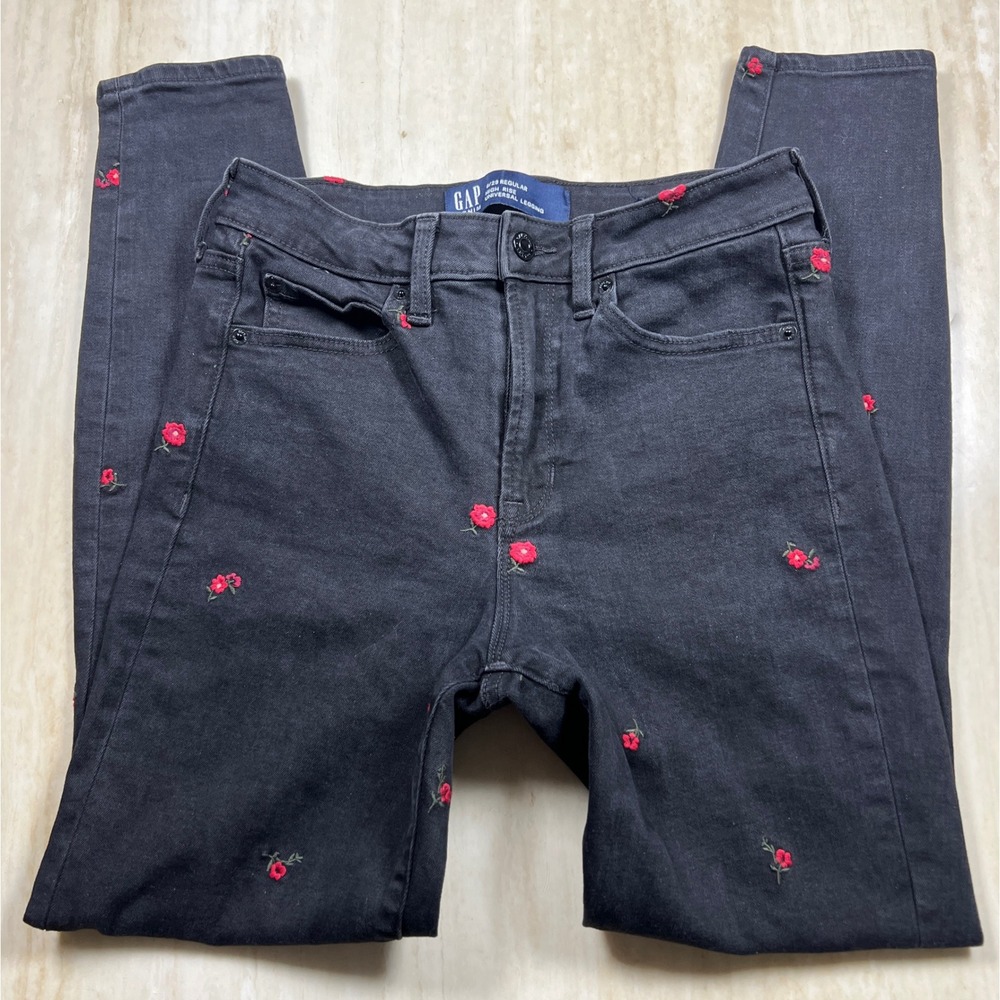 GAP High Rise Universal Leggings Womens 8/29 Black Embroidered Floral Slim Fit - Picture 7 of 15